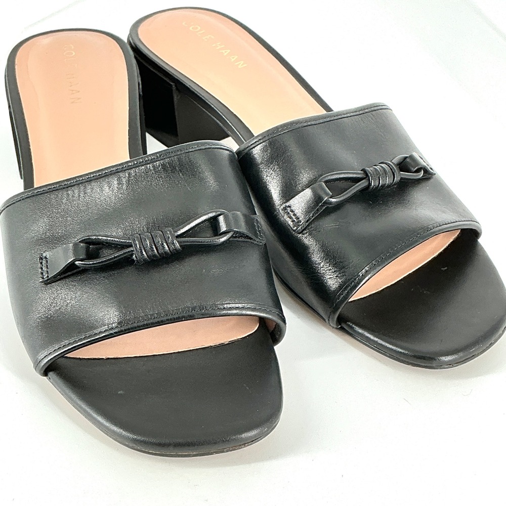 Cole Haan Grand 360 Size 8 Black Leather Knot Slide Sandals Block Heel Womens